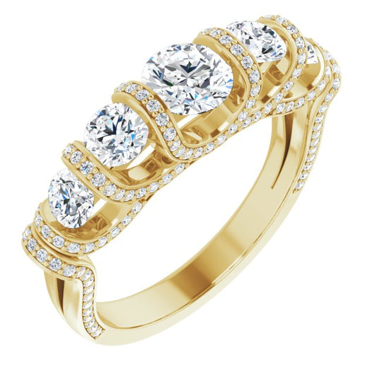 10K Yellow Gold Customizable Bar-set Round Cut 5-stone Design Plus Grandiose Pavé Accents