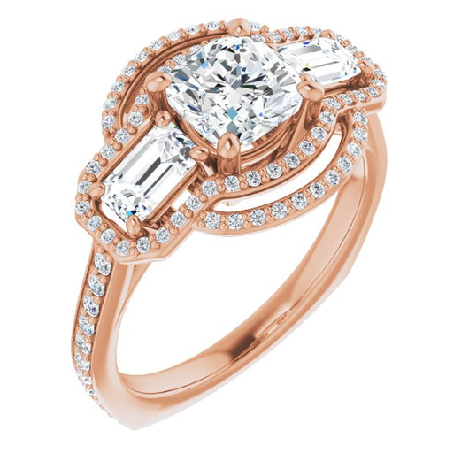 10K Rose Gold Customizable Enhanced 3-stone Style with Cushion Cut Center, Emerald Cut Accents, Double Halo and Thin Shared Prong Band