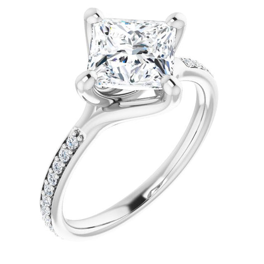 10K White Gold Customizable Princess/Square Cut Design featuring Thin Band and Shared-Prong Round Accents