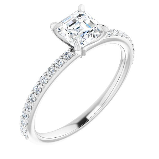 10K White Gold Customizable Asscher Cut Style with Delicate Pavé Band