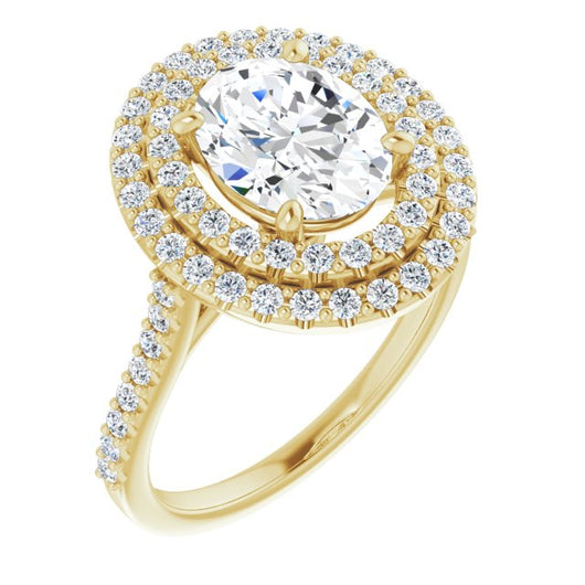 10K Yellow Gold Customizable Double-Halo Oval Cut Design with Accented Split Band