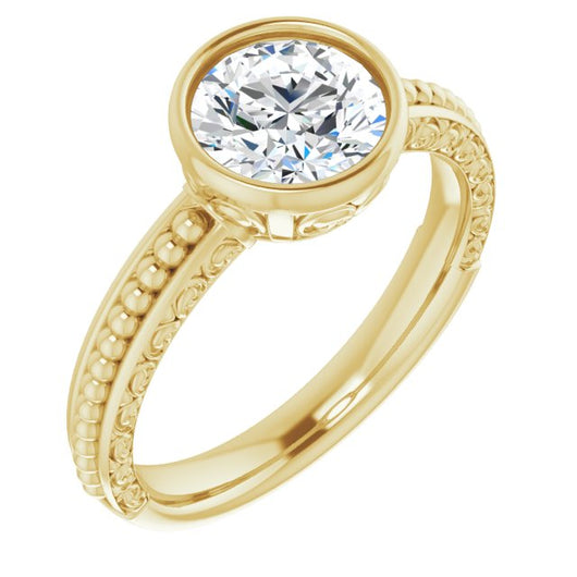 10K Yellow Gold Customizable Bezel-set Round Cut Solitaire with Beaded and Carved Three-sided Band