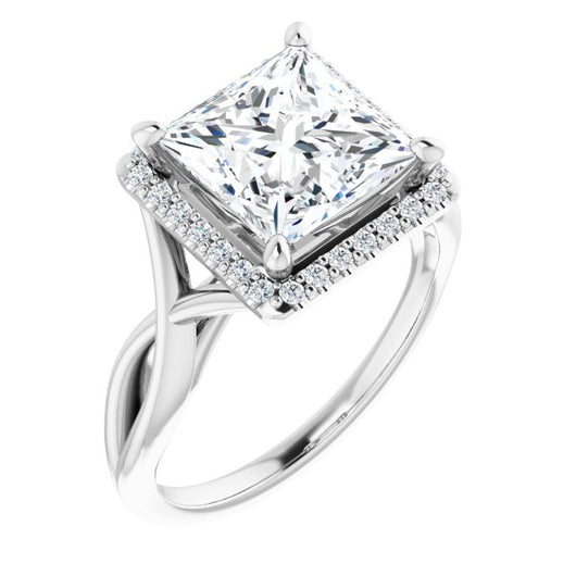 10K White Gold Customizable Cathedral-Halo Princess/Square Cut Design with Twisting Split Band