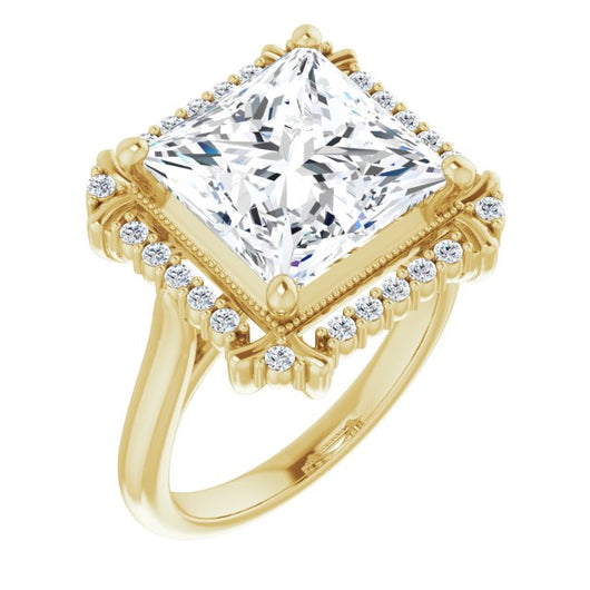 10K Yellow Gold Customizable Princess/Square Cut Design with Majestic Crown Halo and Raised Illusion Setting