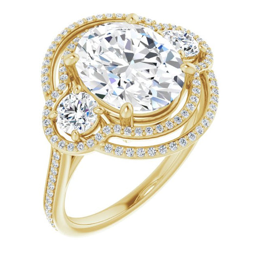 10K Yellow Gold Customizable Enhanced 3-stone Double-Halo Style with Oval Cut Center and Thin Band