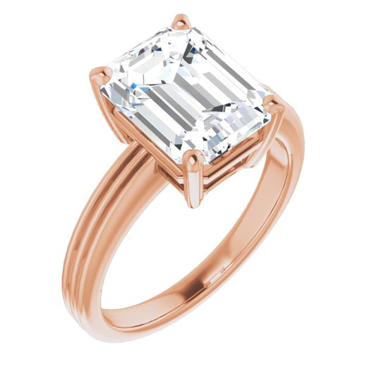 10K Rose Gold Customizable Emerald/Radiant Cut Solitaire with Double-Grooved Band