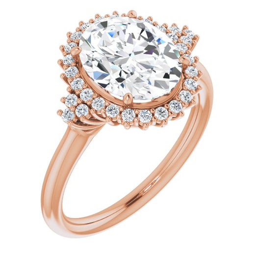 10K Rose Gold Customizable Oval Cut Cathedral-Halo Design with Tri-Cluster Round Accents