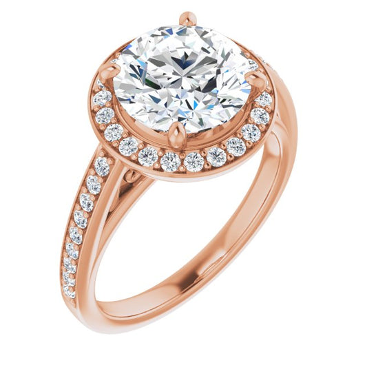 10K Rose Gold Customizable Round Cut Style with Halo and Sculptural Trellis