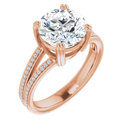 10K Rose Gold Customizable Round Cut Center with 100-stone* "Waterfall" Pavé Split Band