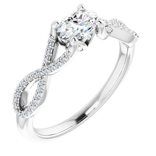 10K White Gold Customizable Oval Cut Design with Twisting Infinity-inspired, Pavé Split Band