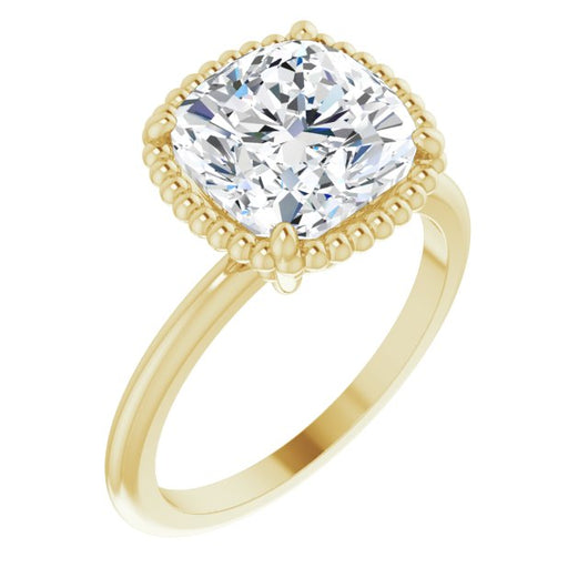 10K Yellow Gold Customizable Cushion Cut Solitaire with Beaded Metallic Milgrain