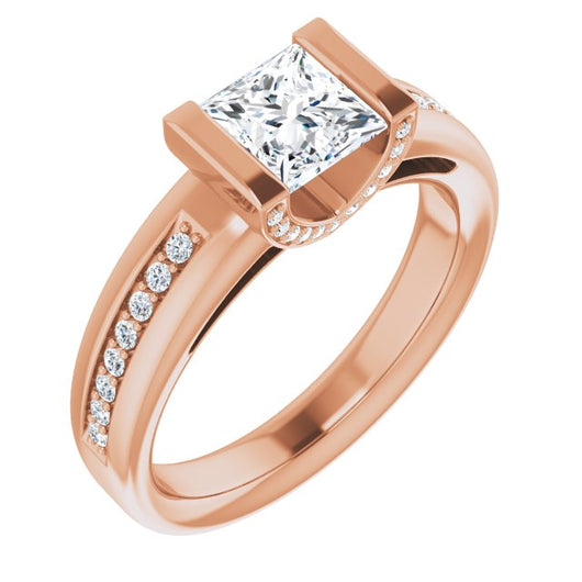 10K Rose Gold Customizable Cathedral-Bar Princess/Square Cut Design featuring Shared Prong Band and Prong Accents