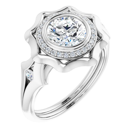 10K White Gold Customizable Bezel-set Round Cut with Halo & Oversized Floral Design