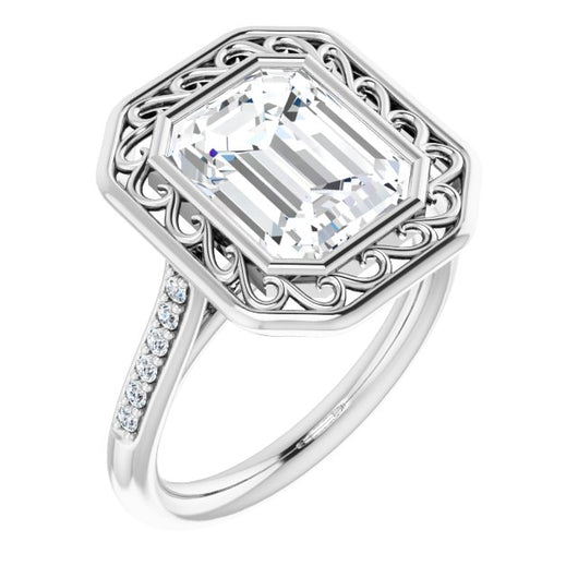 10K White Gold Customizable Cathedral-Bezel Emerald/Radiant Cut Design with Floral Filigree and Thin Shared Prong Band