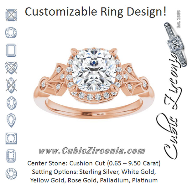 Cubic Zirconia Engagement Ring- The Zhee (Customizable Cathedral-Crown Cushion Cut Design with Halo and Scalloped Side Stones)