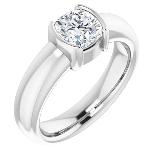 10K White Gold Customizable Bezel-set Cushion Cut Solitaire with Thick Band