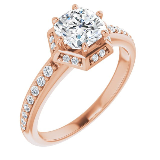 10K Rose Gold Customizable Cushion Cut Design with Geometric Under-Halo and Shared Prong Band