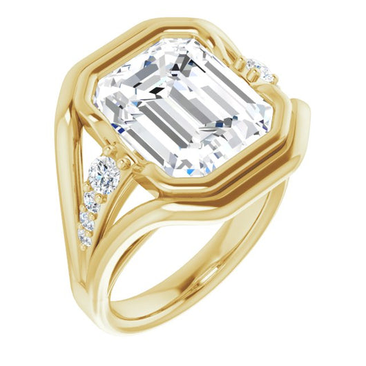 10K Yellow Gold Customizable 9-stone Emerald/Radiant Cut Design with Bezel Center, Wide Band and Round Prong Side Stones