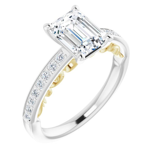 14K White & Yellow Gold Customizable Emerald/Radiant Cut Design featuring 3-Sided Infinity Trellis and Round-Channel Accented Band