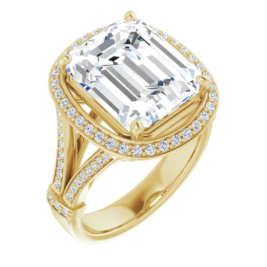 10K Yellow Gold Customizable Emerald/Radiant Cut Setting with Halo, Under-Halo Trellis Accents and Accented Split Band