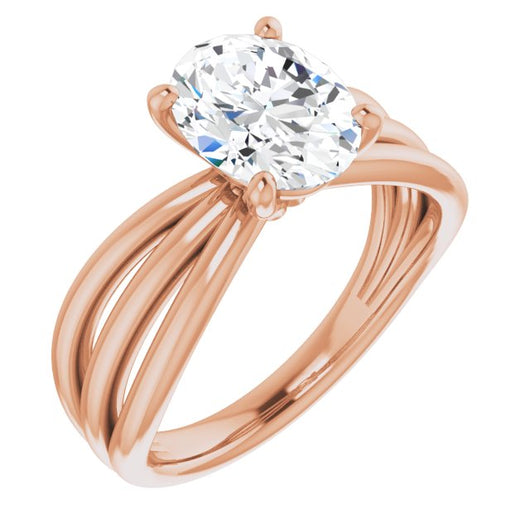 10K Rose Gold Customizable Oval Cut Solitaire Design with Wide, Ribboned Split-band