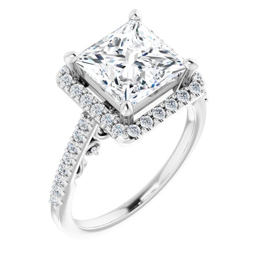 10K White Gold Customizable Cathedral-Halo Princess/Square Cut Design with Carved Metal Accent plus Pavé Band