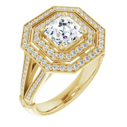 10K Yellow Gold Customizable Cathedral-set Asscher Cut Design with Double Halo, Wide Split-Shared Prong Band and Side Knuckle Accents