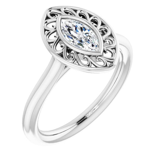 10K White Gold Customizable Cathedral-Bezel Style Marquise Cut Solitaire with Flowery Filigree