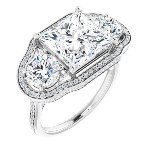 10K White Gold Customizable 3-stone Princess/Square Cut Design with Multi-Halo Enhancement and 150+-stone Pavé Band