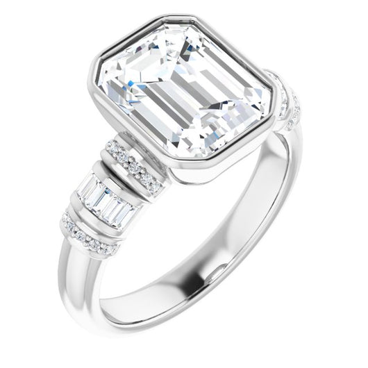 10K White Gold Customizable Bezel-set Emerald/Radiant Cut Setting with Wide Sleeve-Accented Band