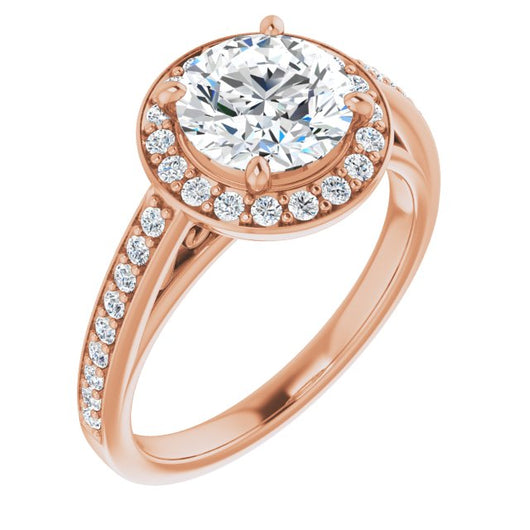 10K Rose Gold Customizable Round Cut Style with Halo and Sculptural Trellis