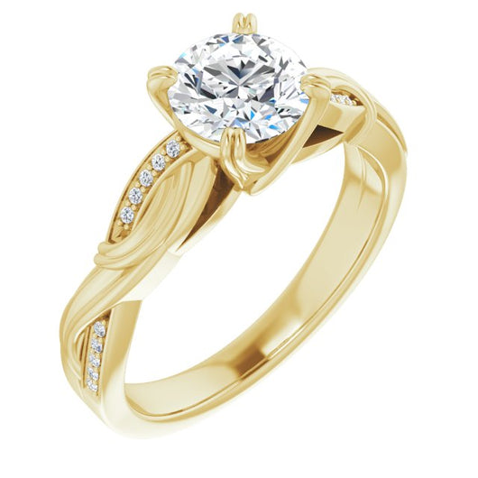 10K Yellow Gold Customizable Cathedral-raised Round Cut Design featuring Rope-Braided Half-Pavé Band