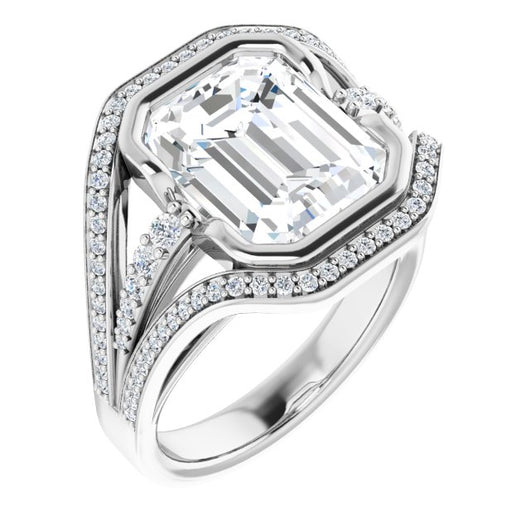 10K White Gold Customizable Cathedral-Bezel Emerald/Radiant Cut Design with Wide Triple-Split-Pavé Band