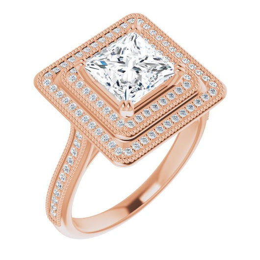 10K Rose Gold Customizable Princess/Square Cut Design with Elegant Double Halo, Houndstooth Milgrain and Band-Channel Accents