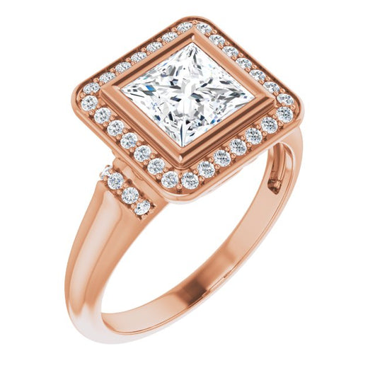 10K Rose Gold Customizable Bezel-set Princess/Square Cut Design with Halo and Vertical Round Channel Accents