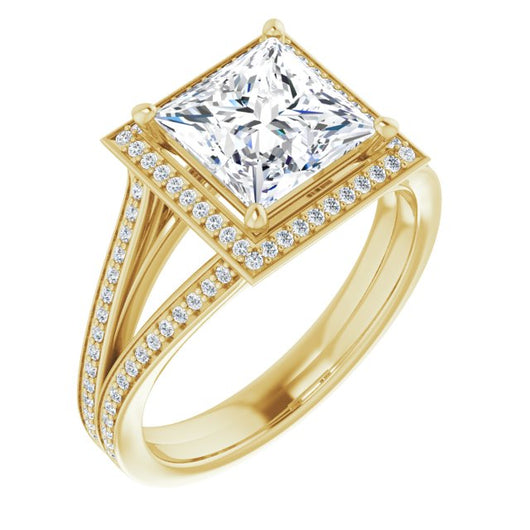 10K Yellow Gold Customizable Princess/Square Cut Design with Split-Band Shared Prong & Halo