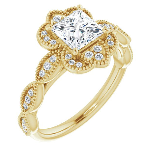 10K Yellow Gold Customizable Cathedral-style Princess/Square Cut Design with Floral Segmented Halo & Milgrain+Accents Band