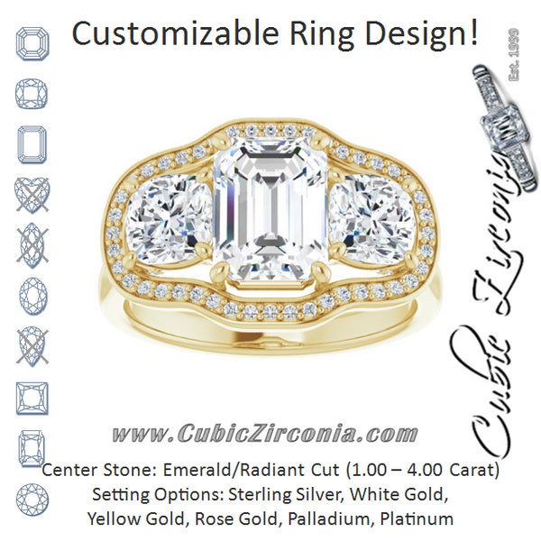Cubic Zirconia Engagement Ring- The Aimi Namiko (Customizable 3-stone Design with Radiant Cut Center, Cushion Side Stones, Triple Halo and Bridge Under-halo)