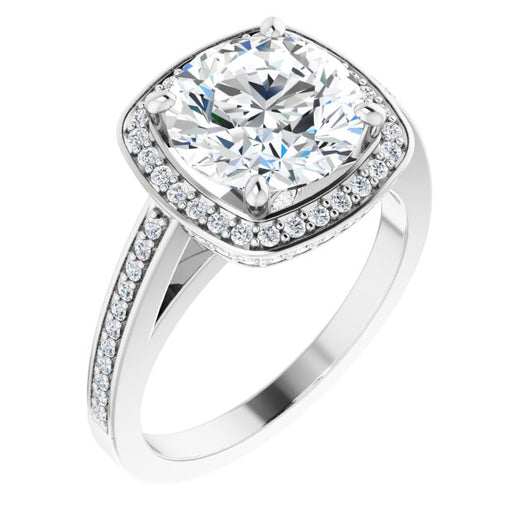 Platinum Customizable Cathedral-set Round Cut Design with Halo, Thin Pavé Band & Round-Bezel Peekaboos