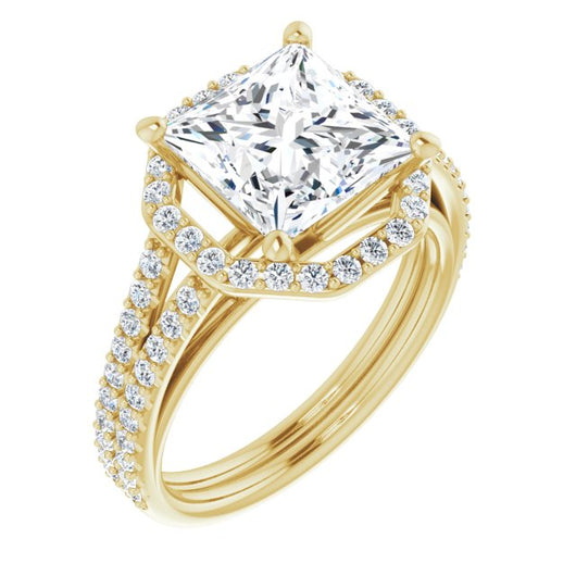 10K Yellow Gold Customizable Cathedral Princess/Square Cut Design with Geometric Halo & Split Pavé Band