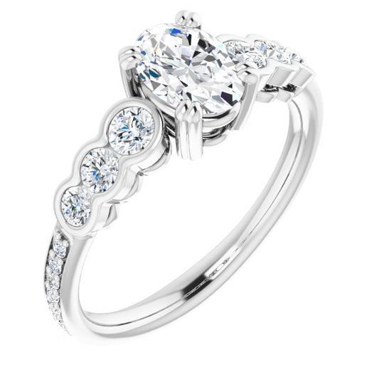 10K White Gold Customizable Oval Cut 7-stone Style Enhanced with Bezel Accents and Shared Prong Band