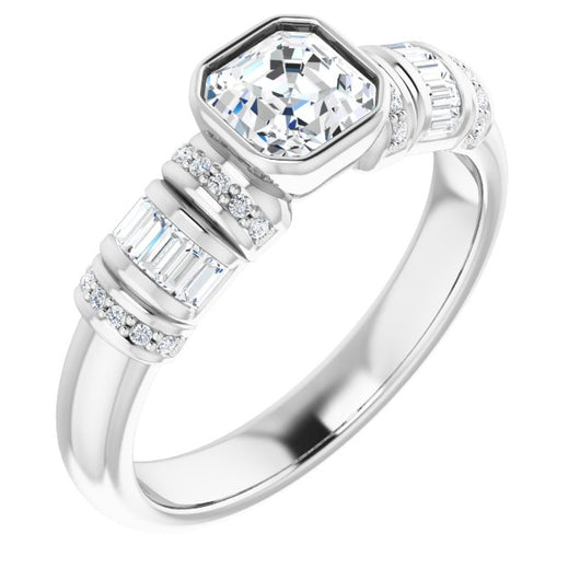 10K White Gold Customizable Bezel-set Asscher Cut Setting with Wide Sleeve-Accented Band