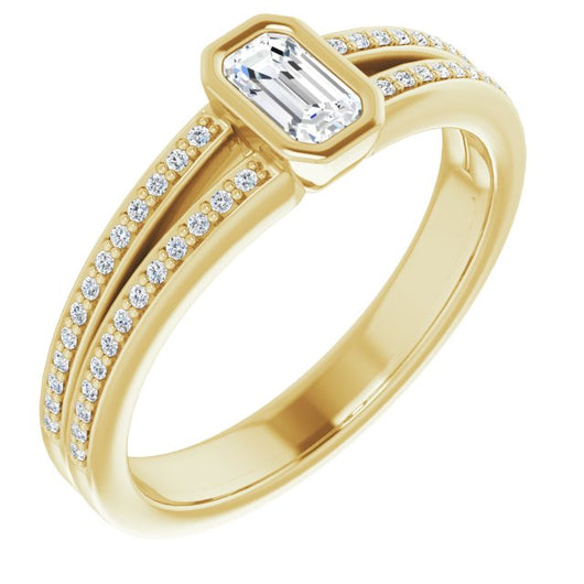 10K Yellow Gold Customizable Bezel-set Emerald/Radiant Cut Design with Split Shared Prong Band