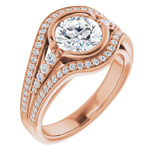 10K Rose Gold Customizable Cathedral-Bezel Round Cut Design with Wide Triple-Split-Pavé Band