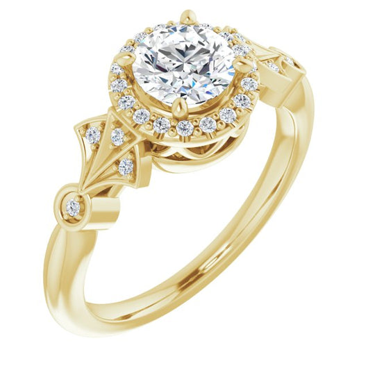 10K Yellow Gold Customizable Cathedral-Crown Round Cut Design with Halo and Scalloped Side Stones