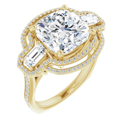 10K Yellow Gold Customizable Enhanced 3-stone Style with Cushion Cut Center, Emerald Cut Accents, Double Halo and Thin Shared Prong Band