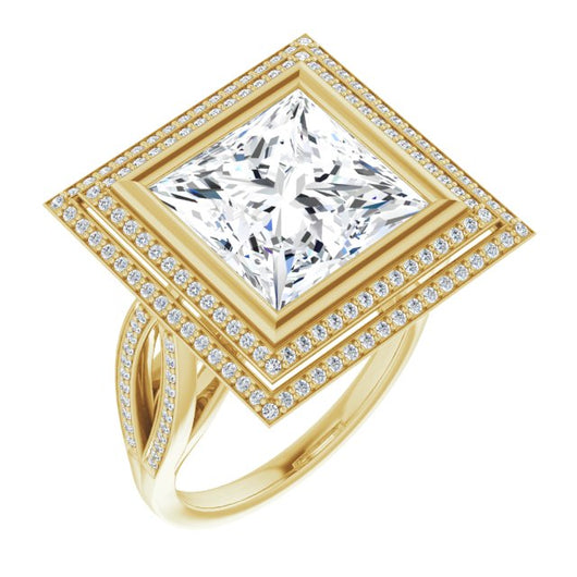 10K Yellow Gold Customizable Bezel-set Princess/Square Cut Style with Double Halo and Split Shared Prong Band