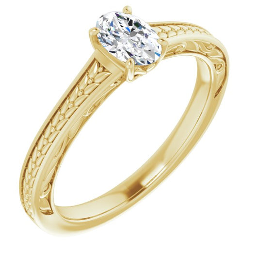 10K Yellow Gold Customizable Oval Cut Solitaire with Organic Textured Band and Decorative Prong Basket