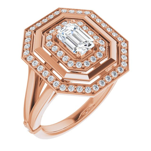 10K Rose Gold Customizable Emerald/Radiant Cut Oversized 2x Halo Style with Knuckle Accented Split Band