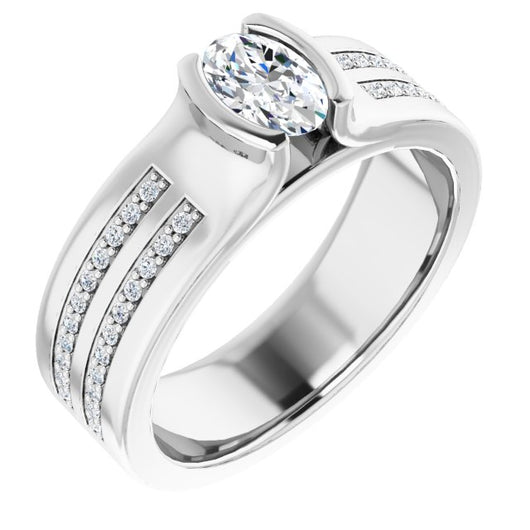 10K White Gold Customizable Bezel-set Oval Cut Design with Thick Band featuring Double-Row Shared Prong Accents